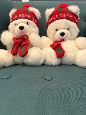 Vintage Jingle Bears - White Plush Bear Pair with Red Holiday Hats and Mittens